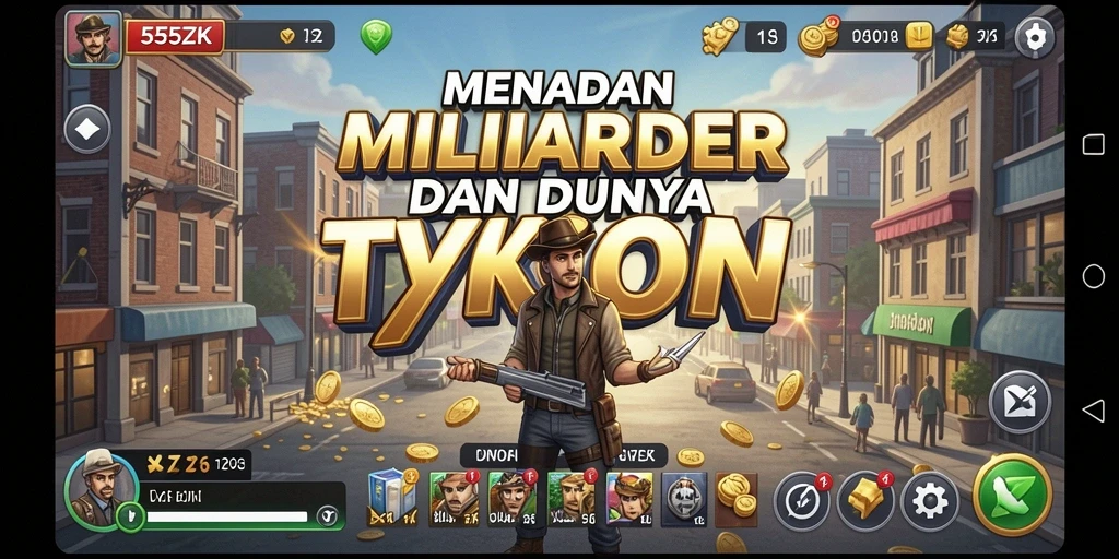Tangkapan layar utama 555ZK menampilkan pengalaman gameplay Tycoon yang seru.