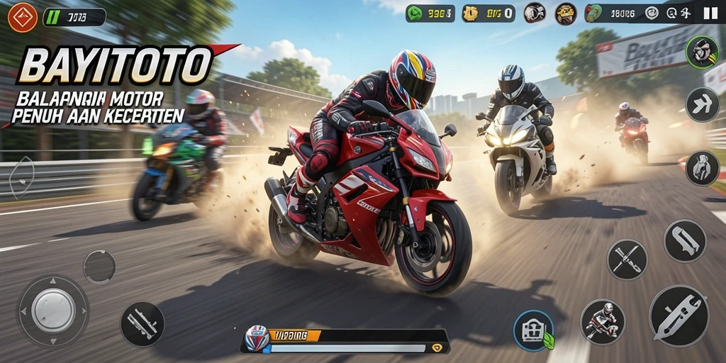 Screenshot gameplay dari BAYITOTO menampilkan balapan motor yang mendebarkan.