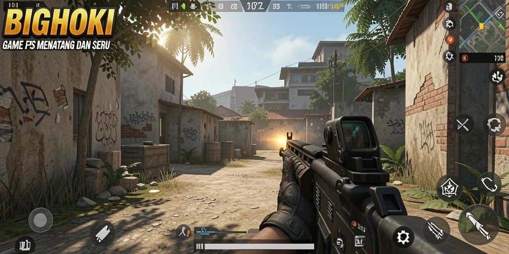 Tampilan gameplay BIGHOKI yang mendebarkan dalam aksi tembak-menembak.