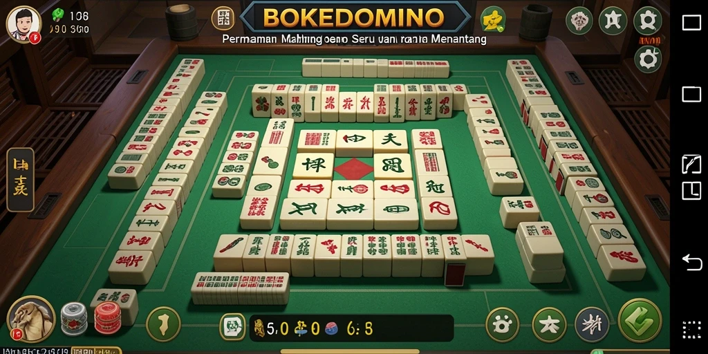 Tampilan gameplay seru BOKEDOMINO dengan ubin Mahjong.