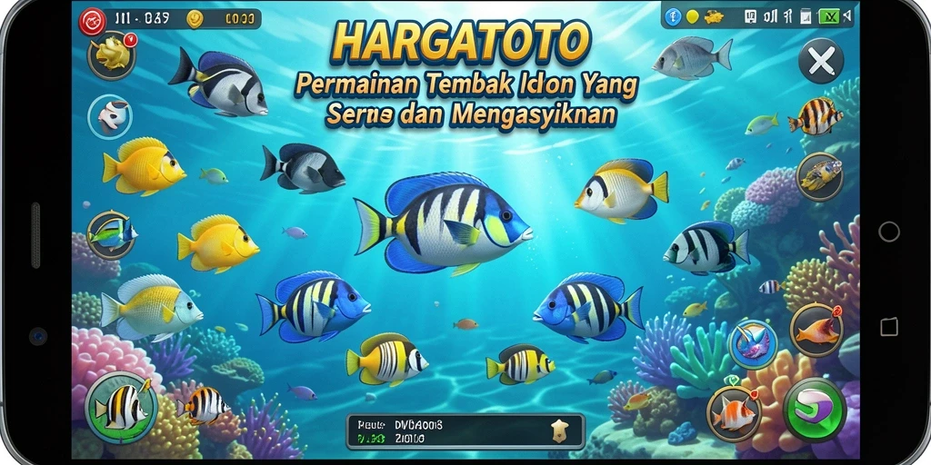 Tangkapan layar gameplay HARGATOTO dengan ikan yang beragam dan senjata menarik.