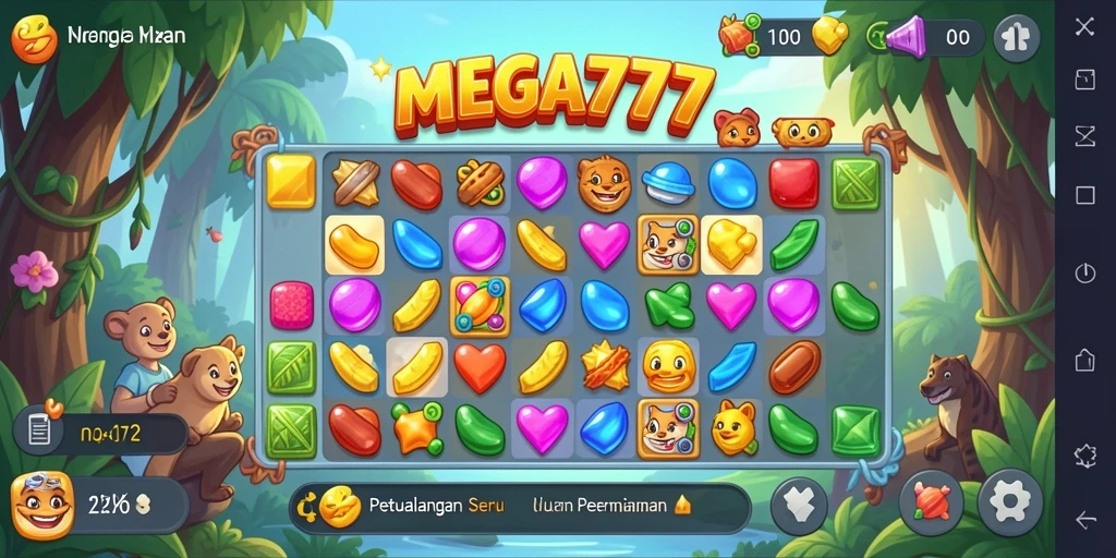 Tampilan gameplay MEGA777 yang menarik dengan kombinasi warna cerah.